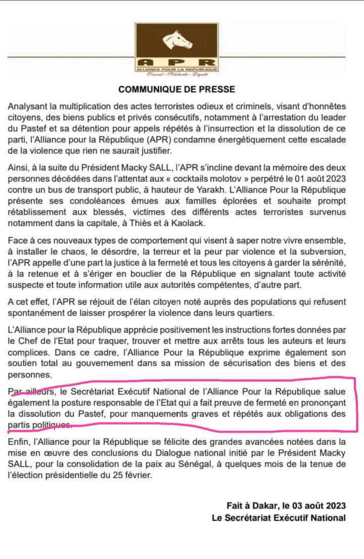 Le Parti Apr félicite son Président Macky Sall d’avoir dissout le Parti de Ousmane Sonko son principal opposant.