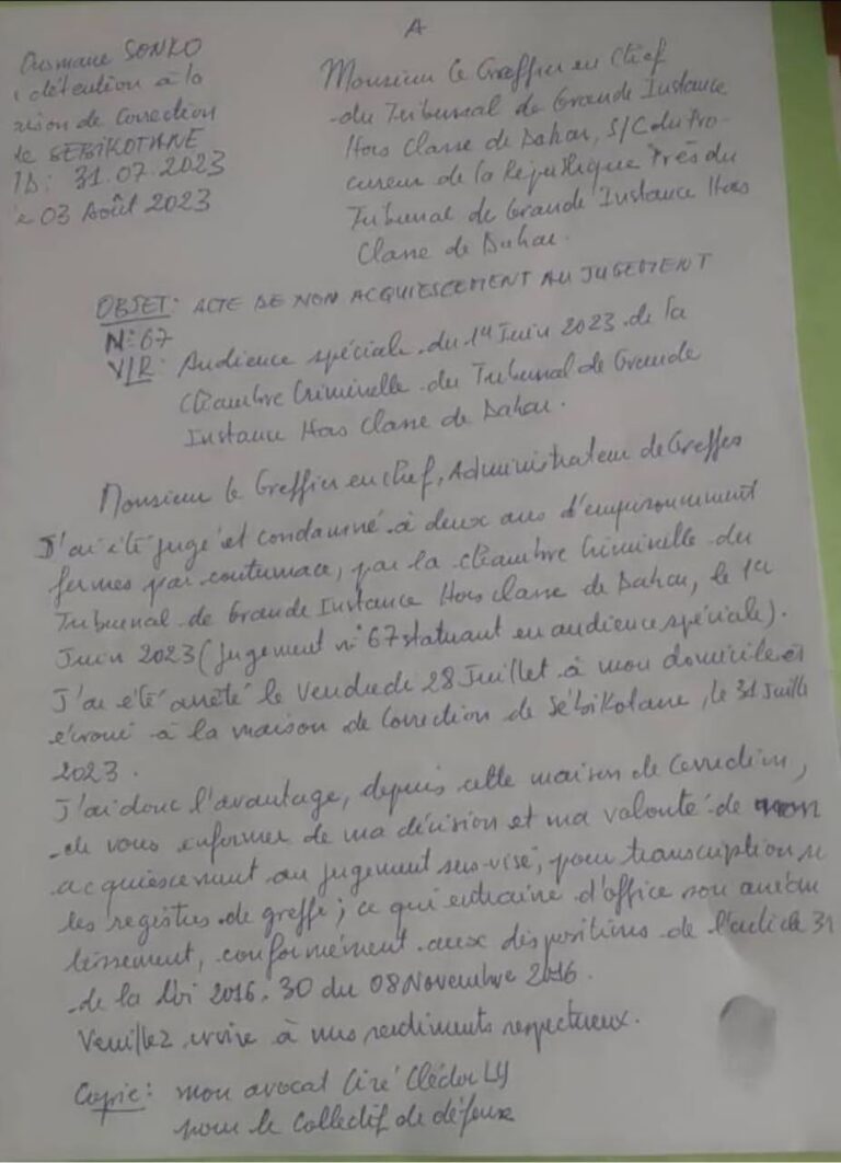 Ousmane Sonko a officiellement envoyé sa décision de Non Acquiescement de son jugement par contumace dans l’affaire Adji Sarr.